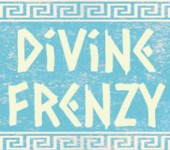 Game thumbnail of Divine Frenzy; bright blue background with greek inspired borders on top and bottom; the words divine frenzy written in the middle in large, white, slightly transparent font